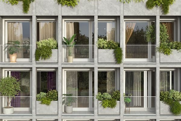 Rezidence Botanica, betonový rastr fasády s osázenými lodžiemi