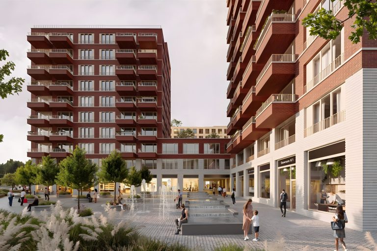 Brixx, cihlový bytový komplex s náměstím, vodním prvkem a obchodním parterem