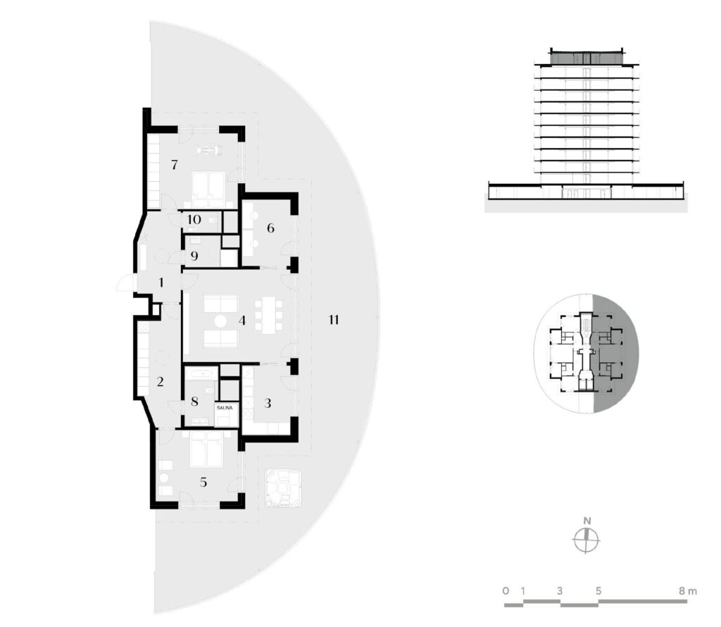 Půdorys bytu 4+1, 135,3 m², 11. podlaží v rezidenci Zanzara - jednotka 11.V1.B