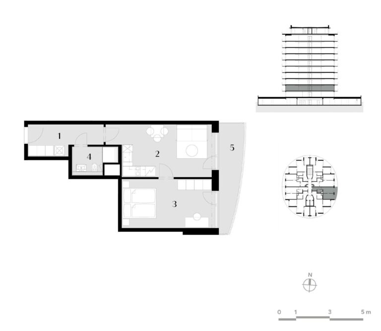 Půdorys bytu 2+kk, 47,3 m², 2. podlaží v rezidenci Zanzara - jednotka 2.V3.B