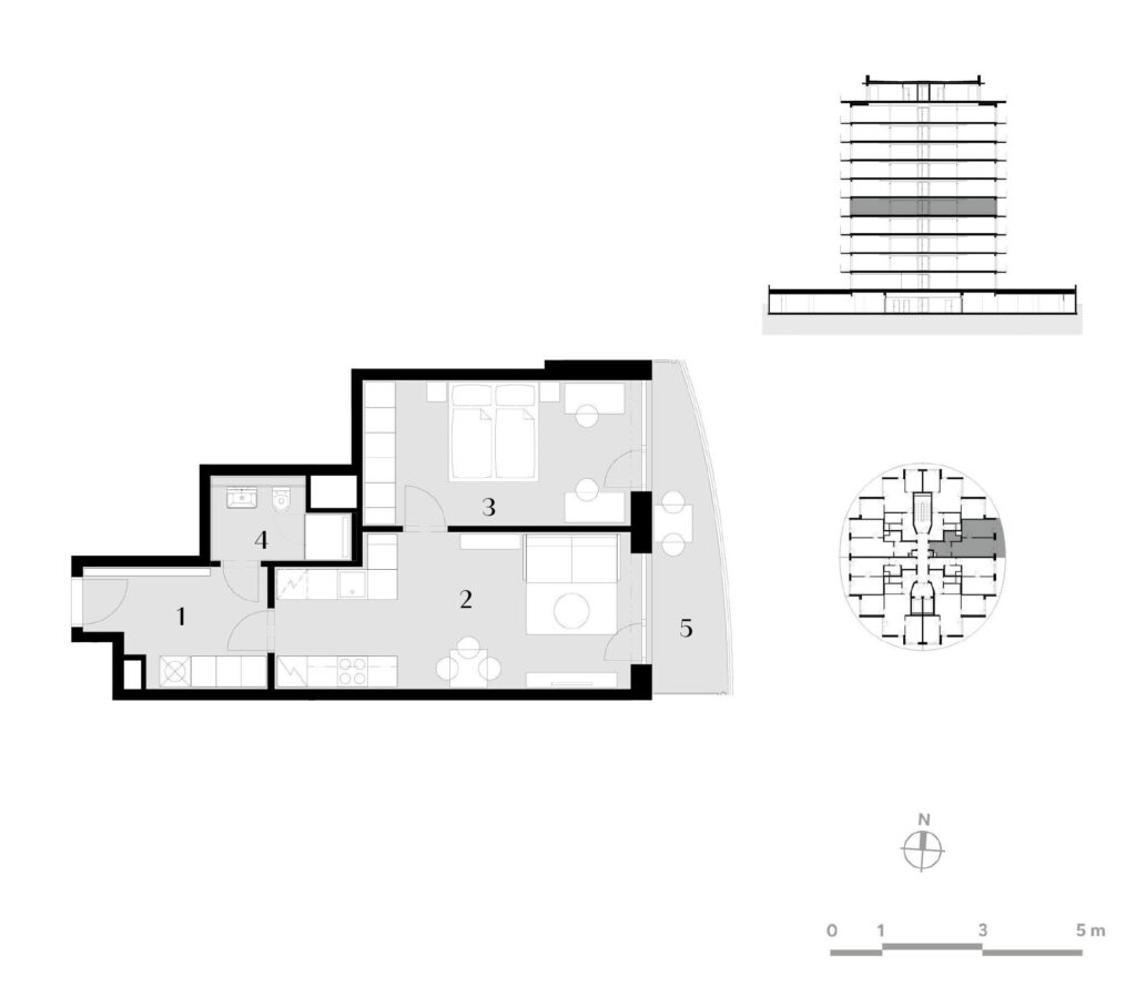 Půdorys bytu 2+kk, 51,2 m², 5. podlaží v rezidenci Zanzara - jednotka 5.V2.B