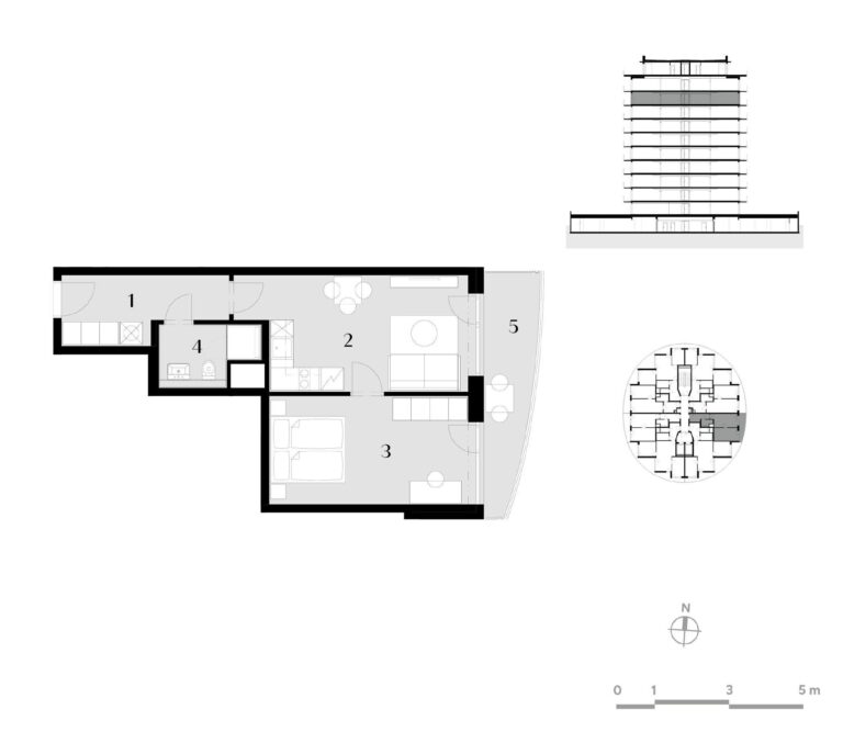 Půdorys bytu 2+kk, 47,3 m², 9. podlaží v rezidenci Zanzara - jednotka 9.V3.B