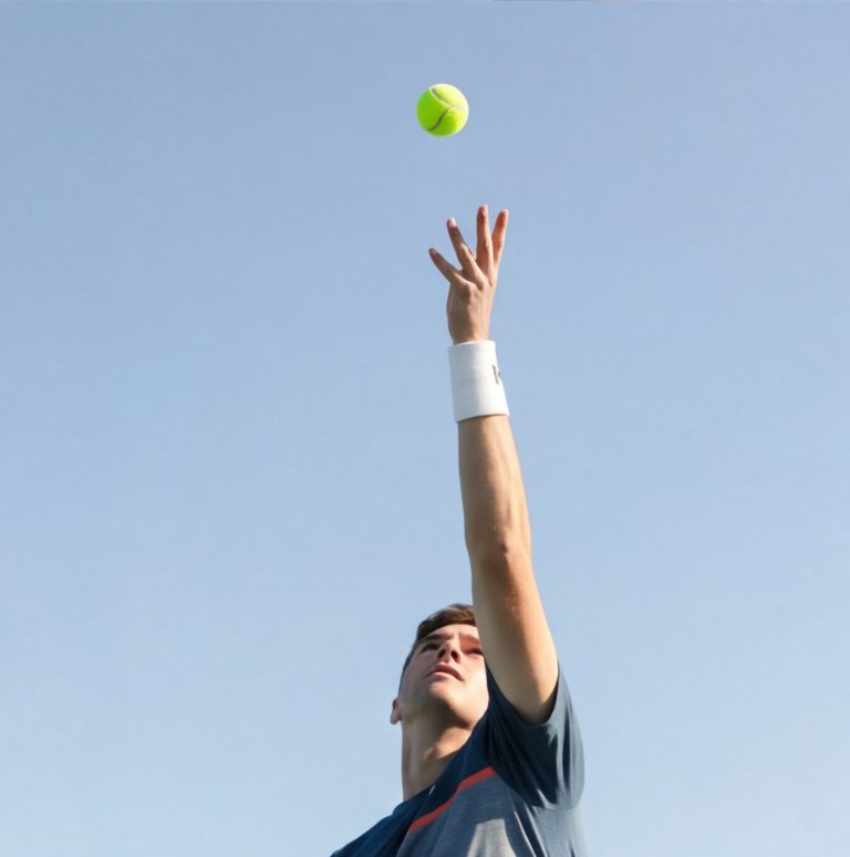 Tenisové podání s nadhozeným míčkem ve sportovním areálu Komec