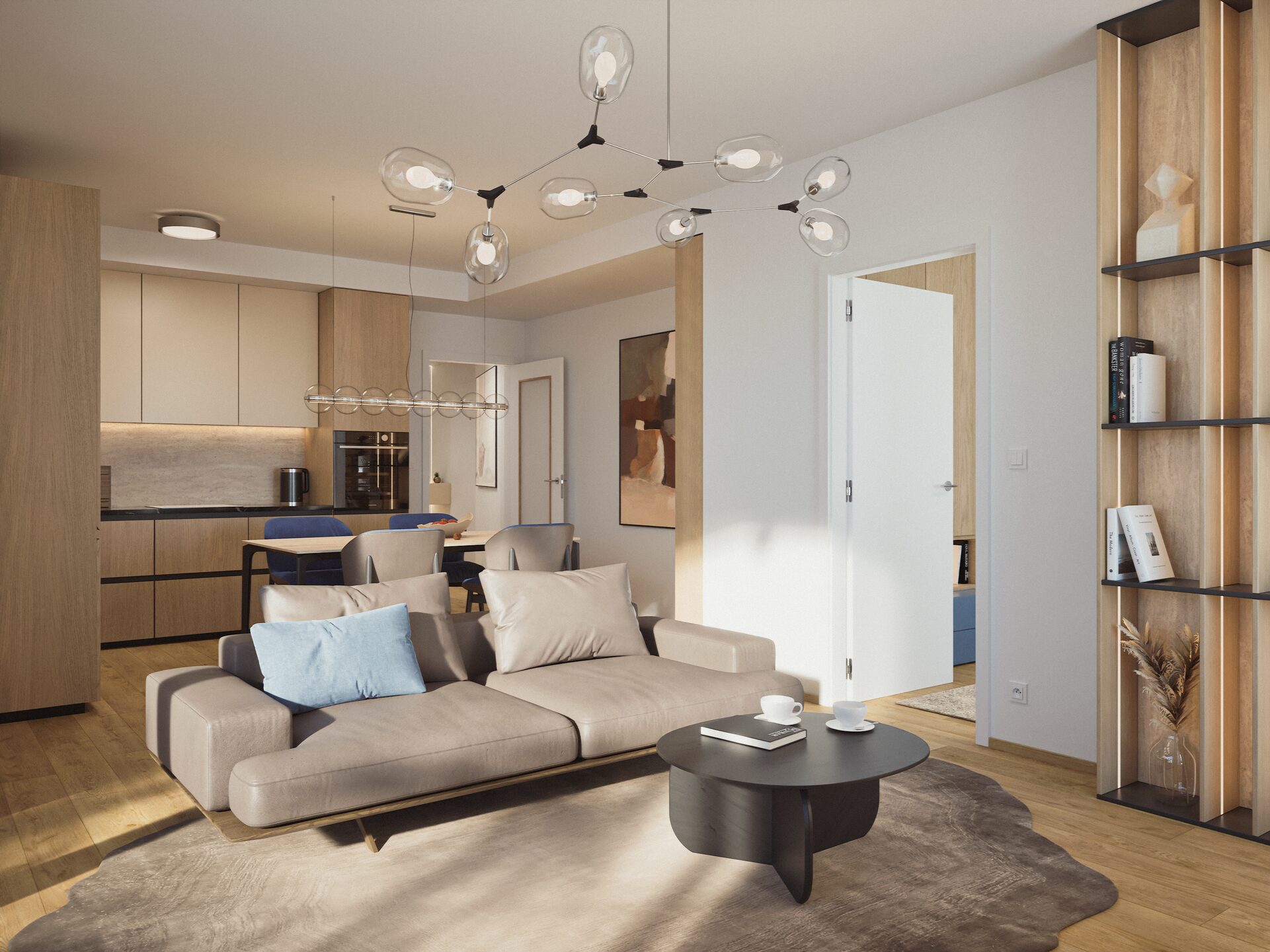 Obývací pokoj s kuchyňským koutem, pohovkou a designovým lustrem