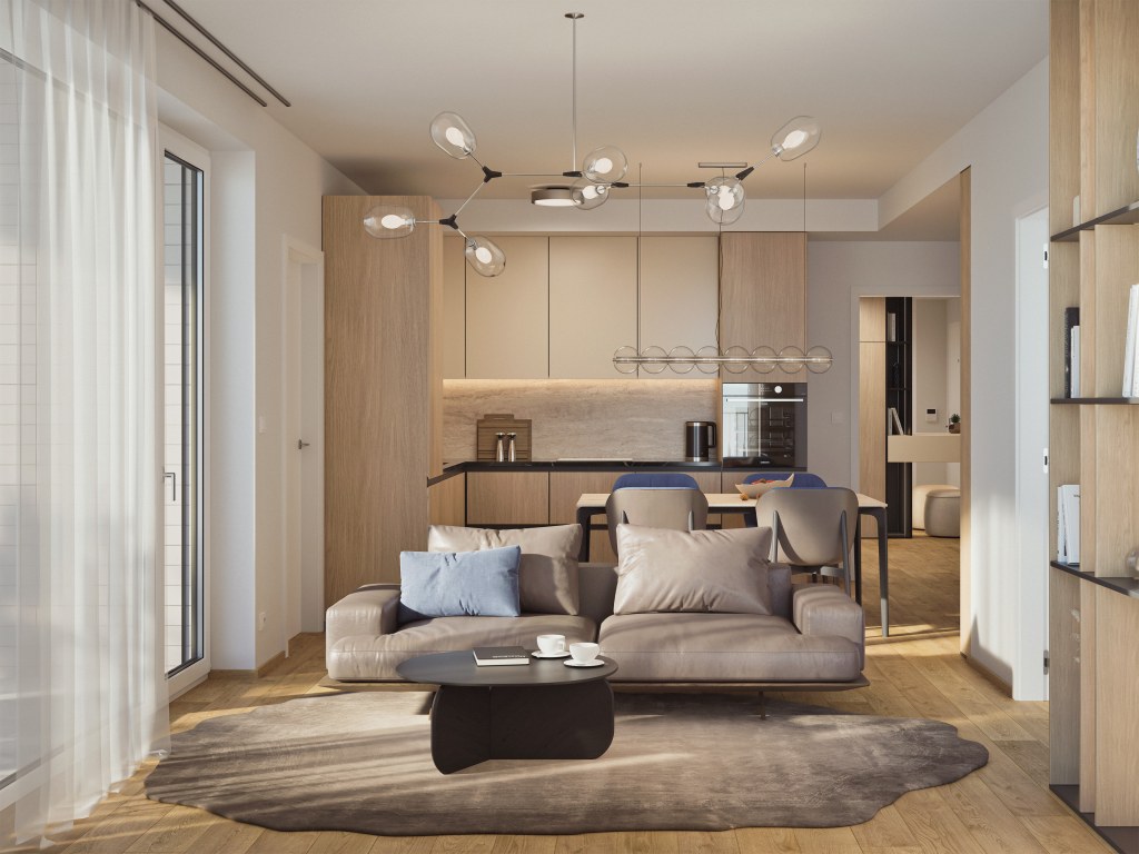 Obývací pokoj s kuchyňským koutem a jídelnou, prosklené dveře na balkon