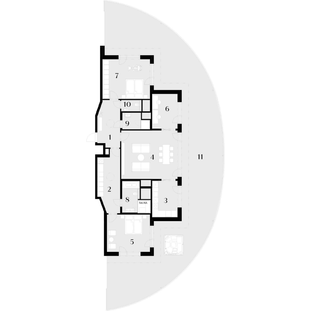 Půdorys penthousu 4+1 s číslovanými místnostmi, saunou a velkou terasou