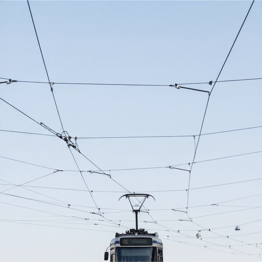 Trolejové vedení MHD a přední část tramvaje na pozadí oblohy.